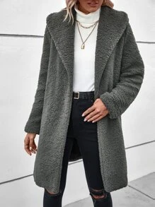 Open Front Teddy Coat - Grey - View 1