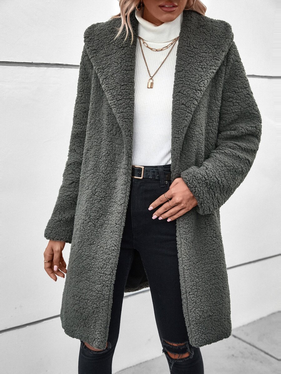 Open Front Teddy Coat - Grey - View 1