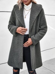 Open Front Teddy Coat - Grey - View 3
