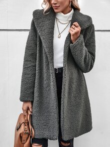 Open Front Teddy Coat - Grey - View 5