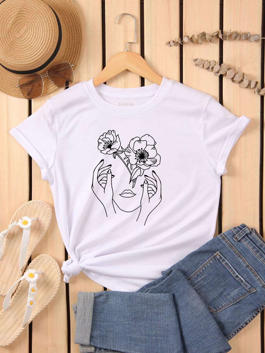 Figure And Floral Print Tee - White - View 1