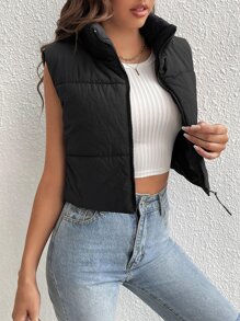 SHEIN Tall Zip Up Vest Padded Coat For Winter - Black - View 4