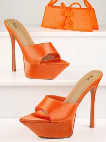 Mules minimalistas para mujer, sandalias Glamuroso de tacón de aguja de satén naranja - Naranja - Ver 1