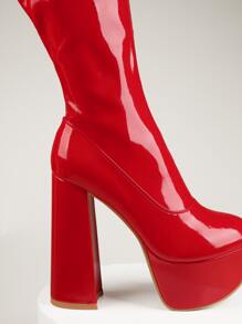 Round Toe Platform Thigh High Boots - Red - View 2