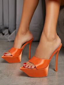 Mules minimalistas para mujer, sandalias Glamuroso de tacón de aguja de satén naranja - Naranja - Ver 4