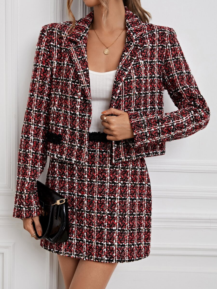 SHEIN Privé Plaid Pattern Tweed Blazer & Skirt - Multicolor - View 1