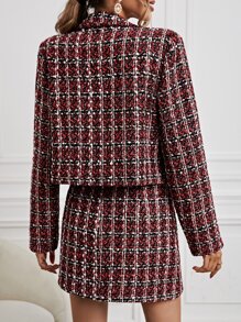 SHEIN Privé Plaid Pattern Tweed Blazer & Skirt - Multicolor - View 2