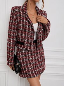 SHEIN Privé Plaid Pattern Tweed Blazer & Skirt - Multicolor - View 4