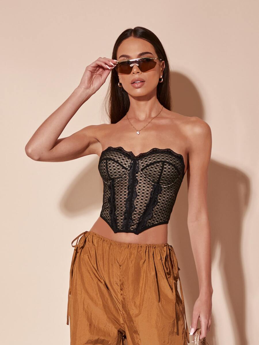 SHEIN BAE Lace Trim Asymmetrical Hem Tube Top - Black - View 1