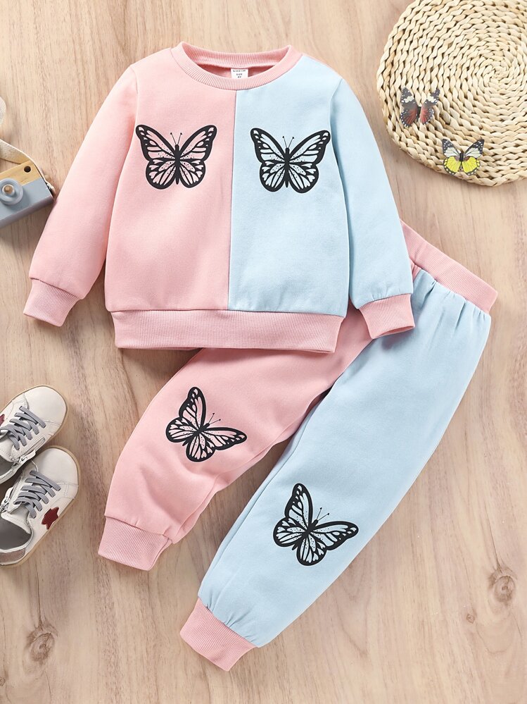 SHEIN Toddler Girls Butterfly Print Two Tone Sweatshirt & Sweatpants - Multicolor - View 1