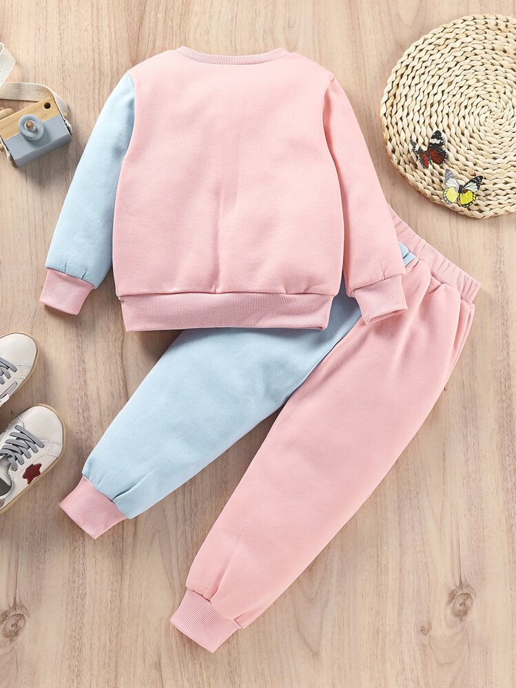 SHEIN Toddler Girls Butterfly Print Two Tone Sweatshirt & Sweatpants - Multicolor - View 2