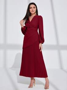 Modelyn Burgundy Red Lantern Sleeve Pleated Dress - Burgundy - View 1