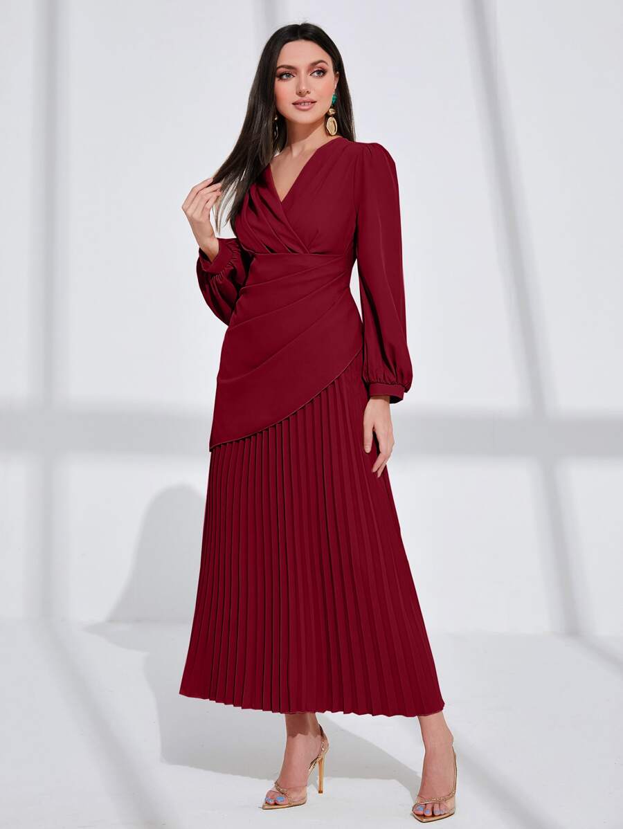 Modelyn Burgundy Red Lantern Sleeve Pleated Dress - Burgundy - View 1