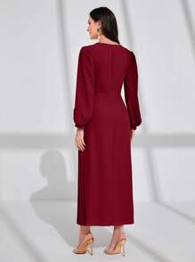 Modelyn Burgundy Red Lantern Sleeve Pleated Dress - Burgundy - View 2