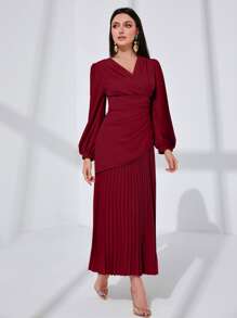 Modelyn Burgundy Red Lantern Sleeve Pleated Dress - Burgundy - View 3