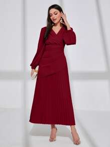 Modelyn Burgundy Red Lantern Sleeve Pleated Dress - Burgundy - View 4