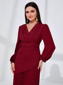 Modelyn Burgundy Red Lantern Sleeve Pleated Dress - Burgundy - View 5