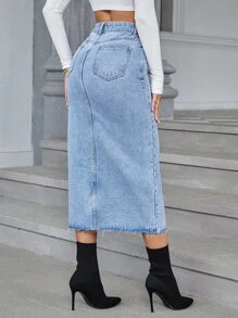 SHEIN Essnce 高腰下擺開叉牛仔半身裙 - 淺色水洗藍 - 查看 2