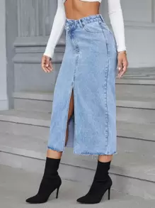 SHEIN Essnce 高腰下擺開叉牛仔半身裙 - 淺色水洗藍 - 查看 5