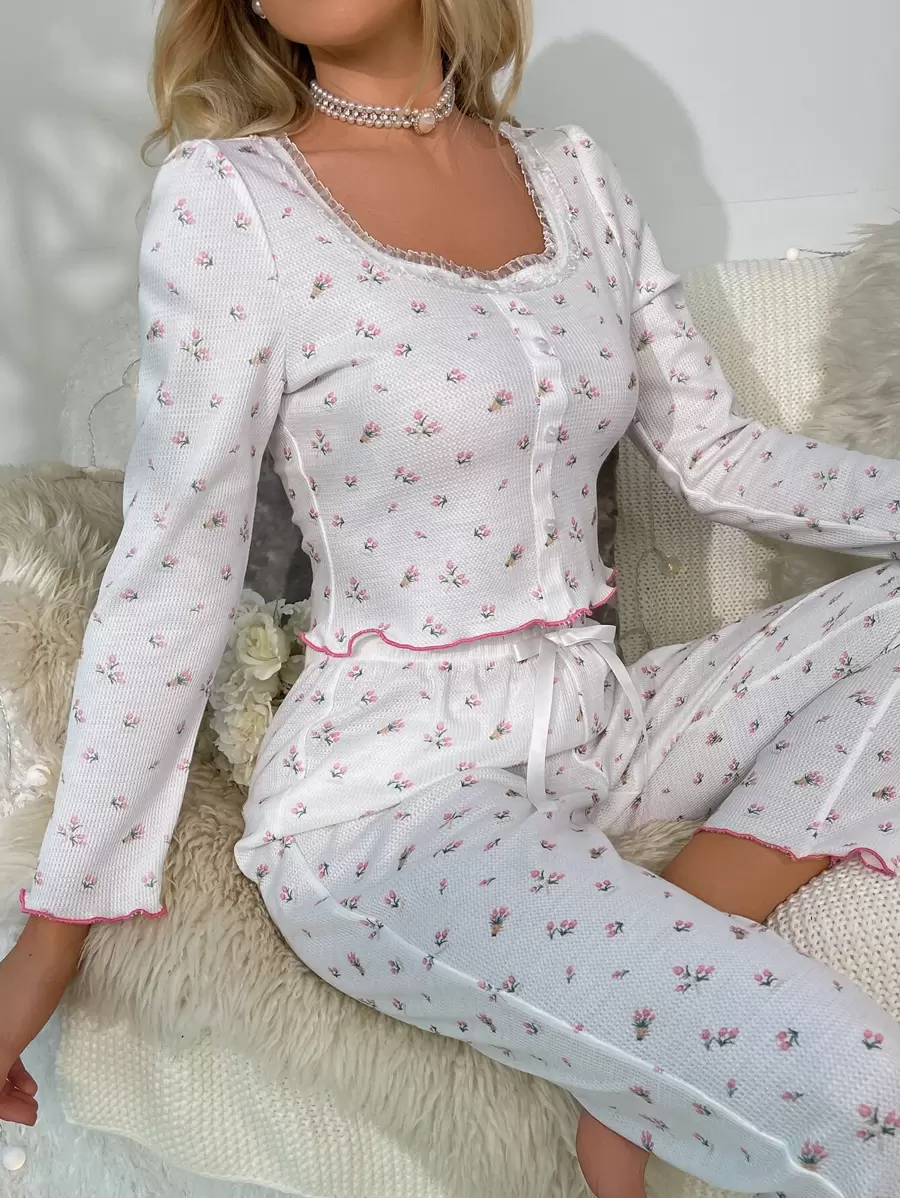 CottageSlumber Floral Print Lettuce Trim Bow Front PJ Set / Pajama Set White Set - White - View 1