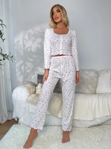 CottageSlumber Floral Print Lettuce Trim Bow Front PJ Set / Pajama Set White Set - White - View 6