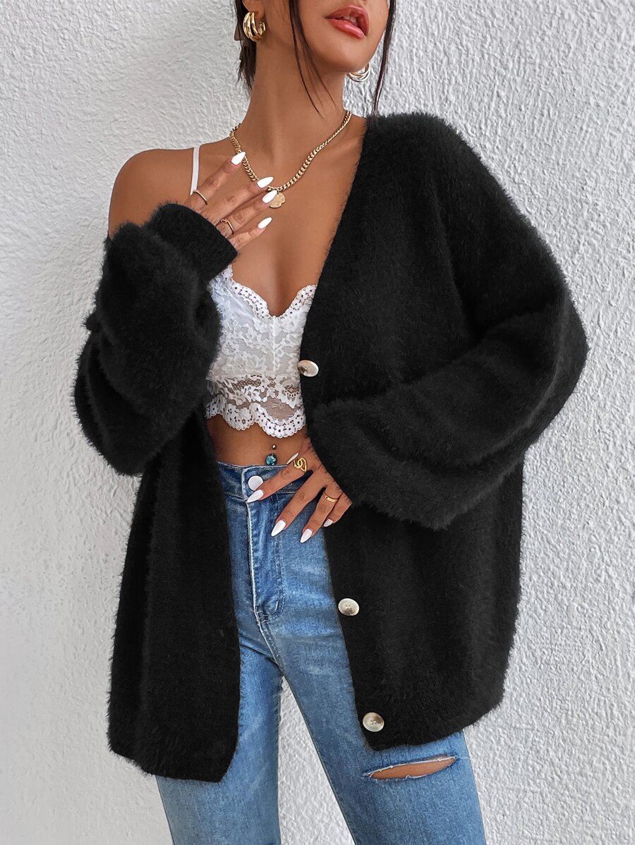 SHEIN Essnce Cárdigan de hombros caídos tejido mullido - Negro - Ver 1