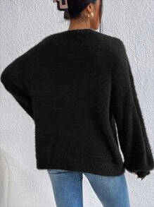 SHEIN Essnce Cárdigan de hombros caídos tejido mullido - Negro - Ver 2