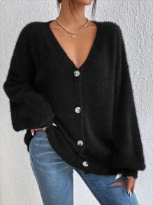 SHEIN Essnce Cárdigan de hombros caídos tejido mullido - Negro - Ver 3