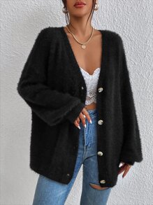 SHEIN Essnce Cárdigan de hombros caídos tejido mullido - Negro - Ver 5