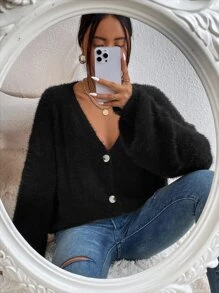 SHEIN Essnce Cárdigan de hombros caídos tejido mullido - Negro - Ver 7