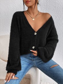 SHEIN Essnce Cárdigan de hombros caídos tejido mullido - Negro - Ver 8
