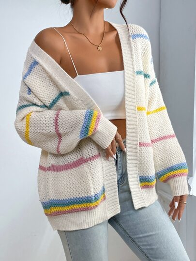 SHEIN Colourful Striped Pattern Drop Shoulder Duster Cardigan