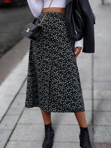 SHEIN Clasi Ditsy Floral Split Hem Skirt - Black - View 1