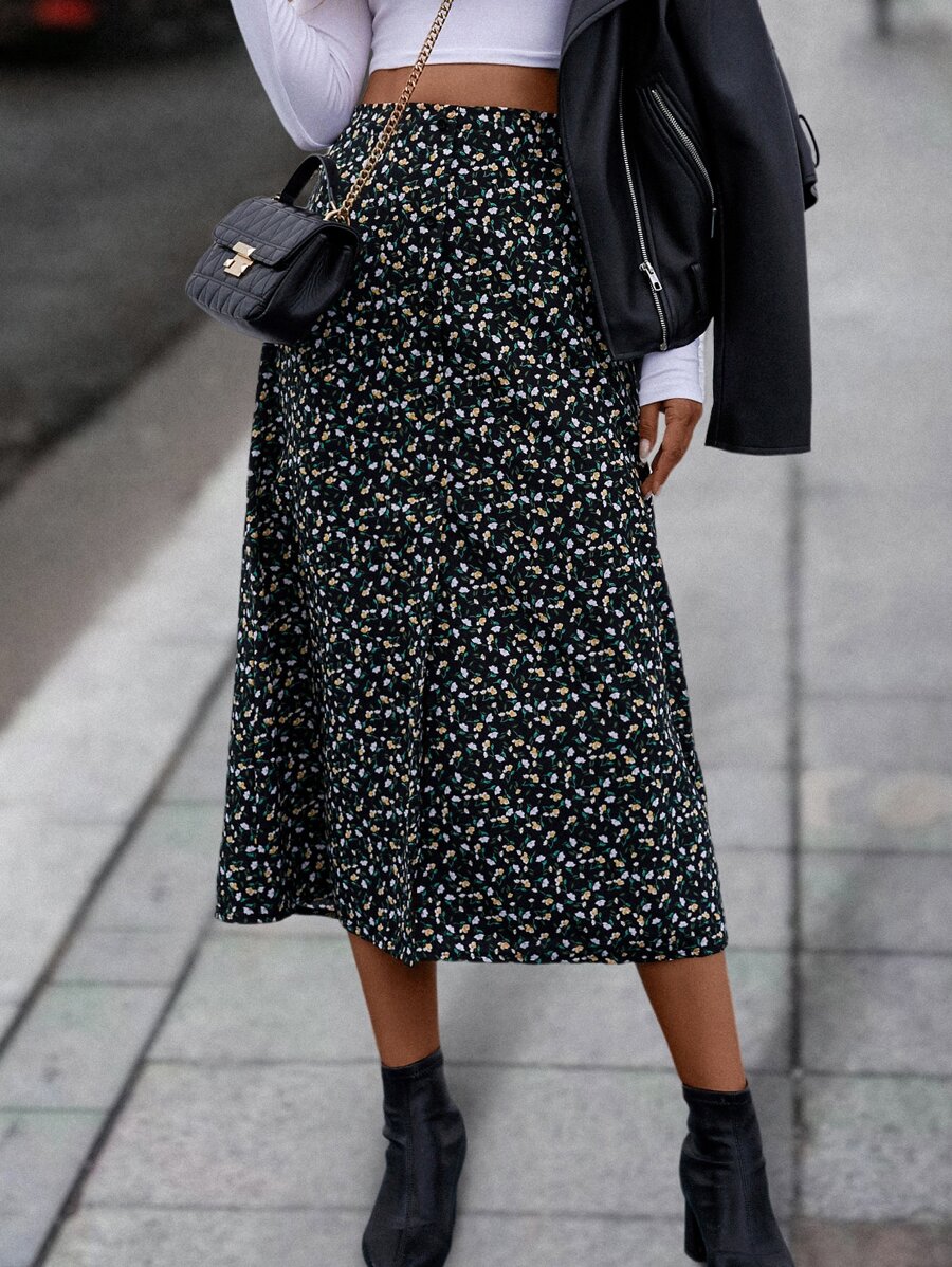 SHEIN Clasi Ditsy Floral Split Hem Skirt - Black - View 1