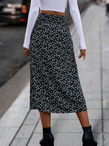 SHEIN Clasi Ditsy Floral Split Hem Skirt - Black - View 2