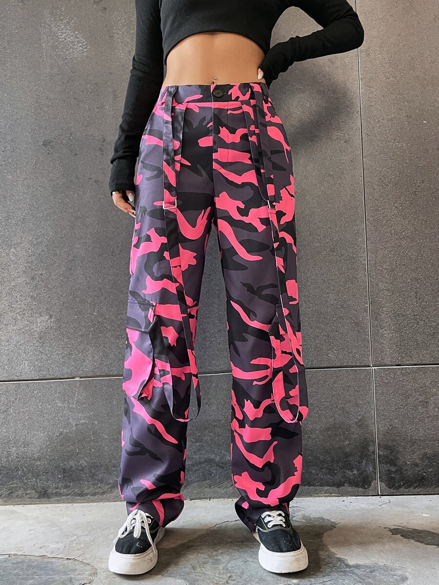 SHEIN Unity Camo Print Flap Pocket Cargo Trousers - Multicolor - View 1