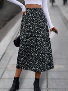 SHEIN Clasi Ditsy Floral Split Hem Skirt - Black - View 4