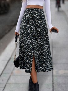 SHEIN Clasi Ditsy Floral Split Hem Skirt - Black - View 5