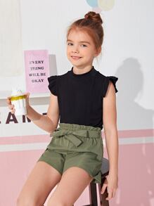 SHEIN Conjunto de blusa con ribete de volantes para niña preadolescente y pantalones cortos con cintura fruncida y cinturón - Multicolor - Ver 4