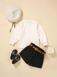 SHEIN Niñitas tejido de canalé Pullover & Shorts con cinturón - Blanco y Negro - Ver 3