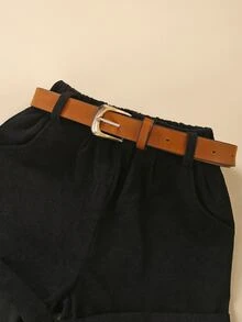 SHEIN Niñitas tejido de canalé Pullover & Shorts con cinturón - Blanco y Negro - Ver 6