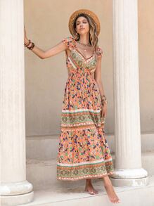 Rusttydustty Váy dài cổ chữ V in họa tiết nhiệt đới Bohemian dành cho nữ thích hợp để mặc hàng ngày tại Lễ hội âm nhạc ven biển. - trái cam - Xem 1