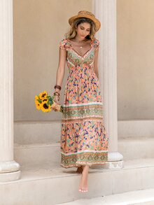 Rusttydustty Váy dài cổ chữ V in họa tiết nhiệt đới Bohemian dành cho nữ thích hợp để mặc hàng ngày tại Lễ hội âm nhạc ven biển. - trái cam - Xem 3