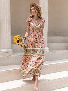 Rusttydustty Váy dài cổ chữ V in họa tiết nhiệt đới Bohemian dành cho nữ thích hợp để mặc hàng ngày tại Lễ hội âm nhạc ven biển. - trái cam - Xem 4