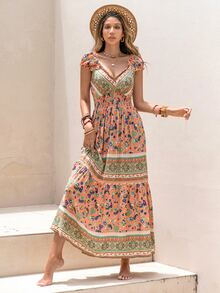 Rusttydustty Váy dài cổ chữ V in họa tiết nhiệt đới Bohemian dành cho nữ thích hợp để mặc hàng ngày tại Lễ hội âm nhạc ven biển. - trái cam - Xem 6