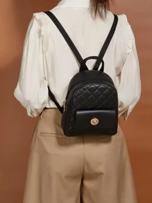 迷你绗缝扭锁经典背包书包，返校，便携，轻便，适合青少年女孩、女士、大学生、男孩和男士办公室、度假，非常适合返校、中学、高中、大学 - 黑色 - 查看 2