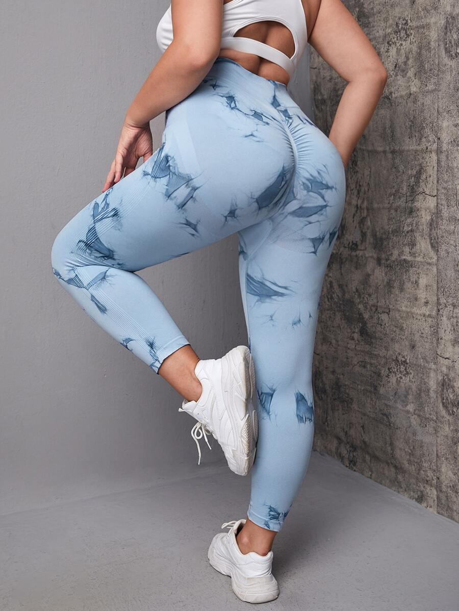 Easithlete 大碼紮染緊縮褶皺臀部運動打底褲 - 淺藍色 - 查看 1