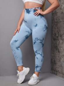 Easithlete 大碼紮染緊縮褶皺臀部運動打底褲 - 淺藍色 - 查看 2