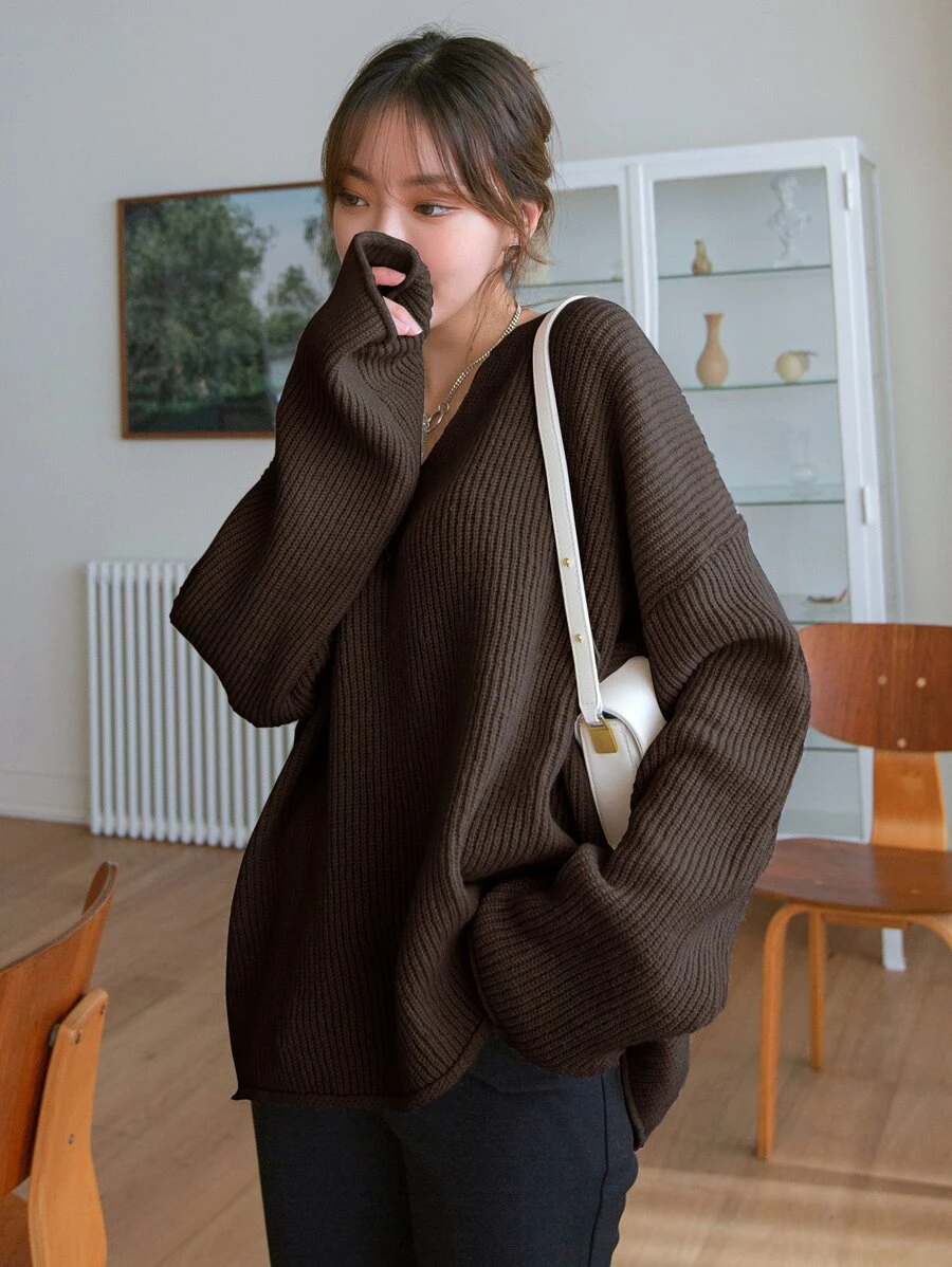 DAZY 放肩肋編針織毛衣 - 巧克力棕 - 查看 1