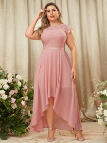 MIUSOL Đầm Plus Size Bất đối xứng Tương phản ren màu trơn Hấp dẫn - Màu Hồng baby - Xem 3